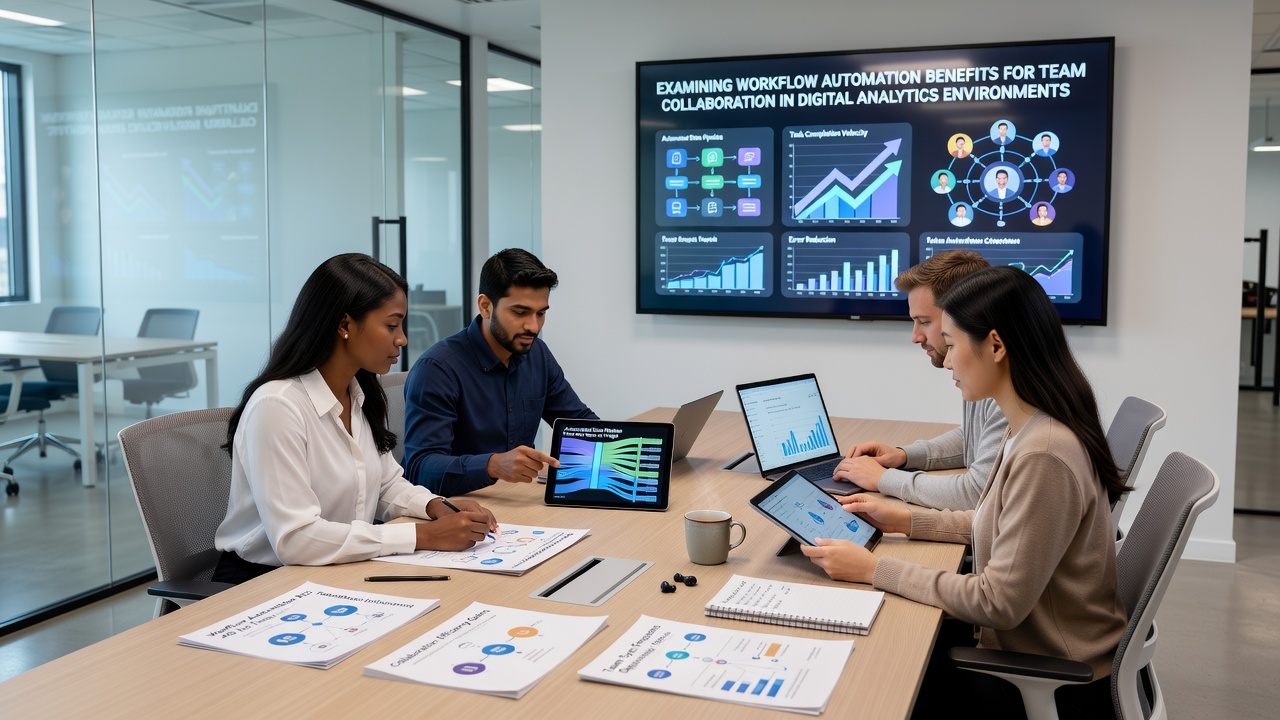 Analytics team using workflow automation software to share real-time insights and reports